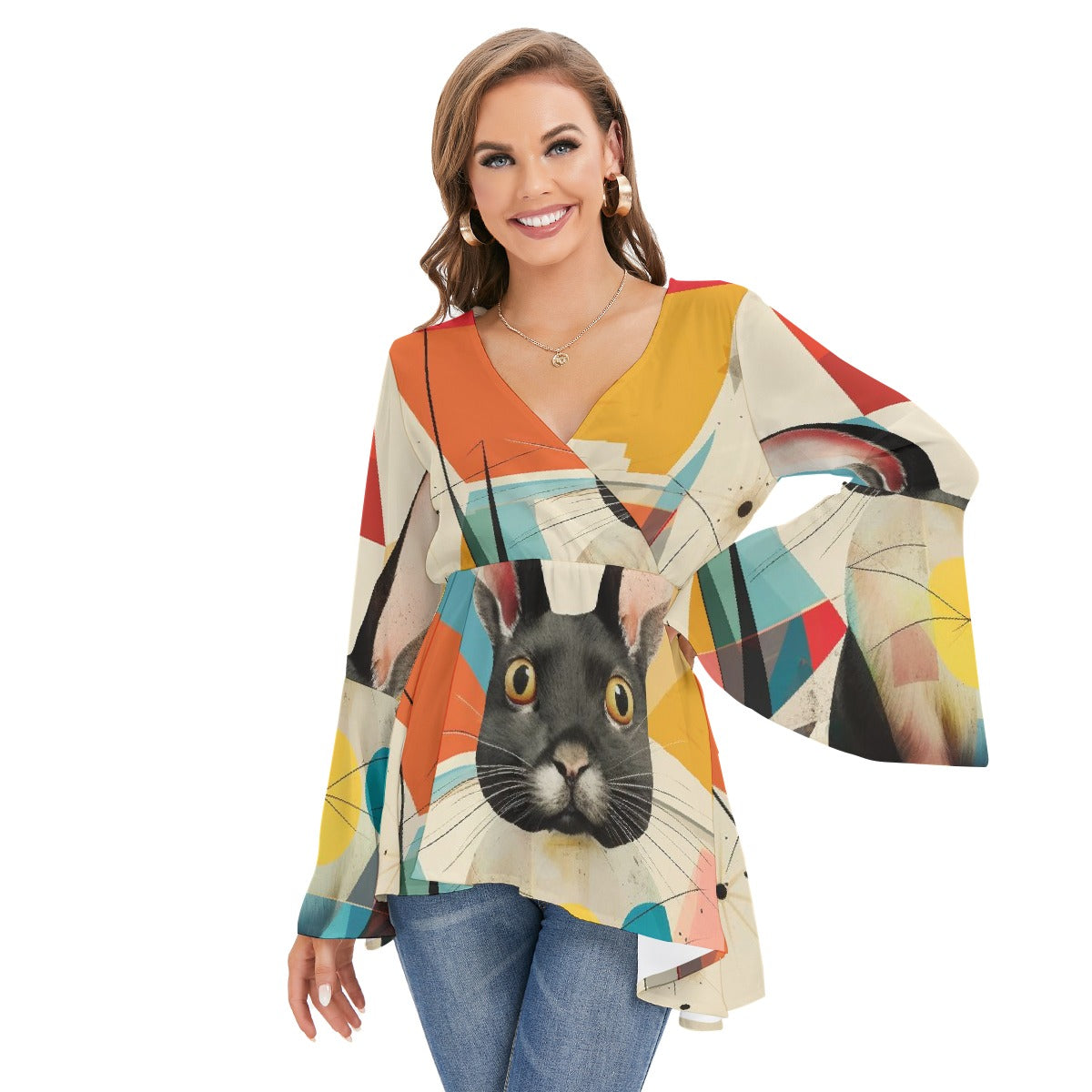 All-Over Print Women's V-neck Blouse With Flared Sleeves