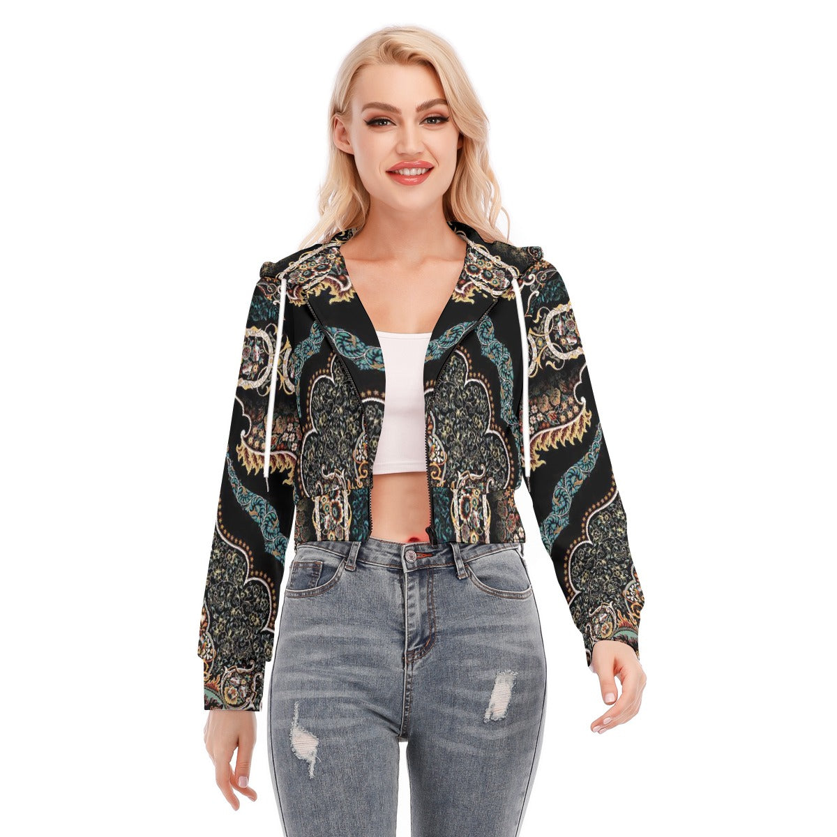 All-Over Print Women's Crop Top Hoodie With Zipper Closure