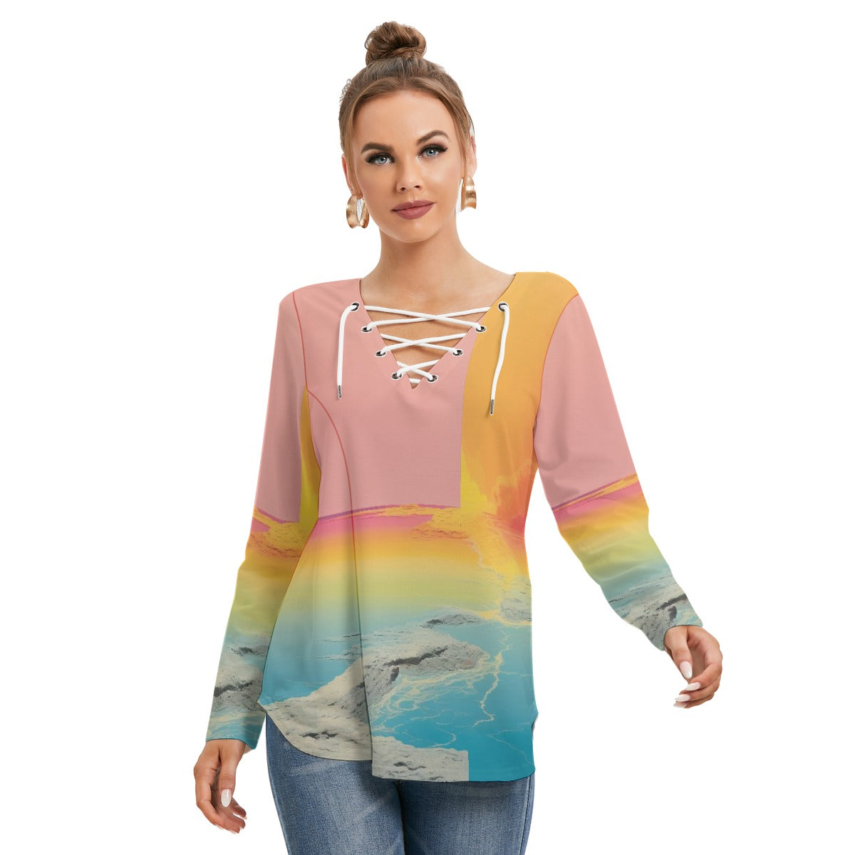 All-Over Print Women's Long Sleeve Neckline Tie Sweatshirt