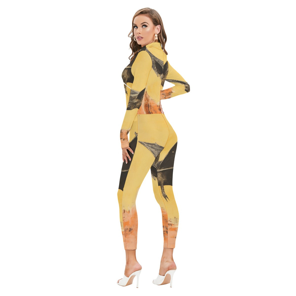 All-Over Print Women's Long-sleeved High-neck Jumpsuit With Zipper
