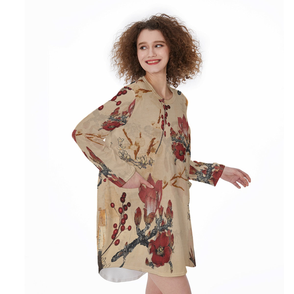 All-Over Print Women's Casual Loose Long Sleeve Dress With Pocket