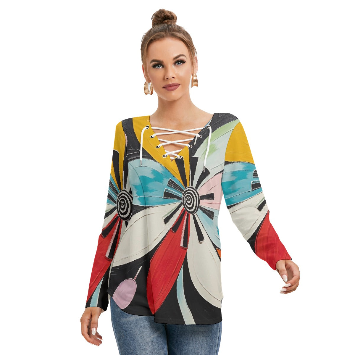 All-Over Print Women's Long Sleeve Neckline Tie Sweatshirt