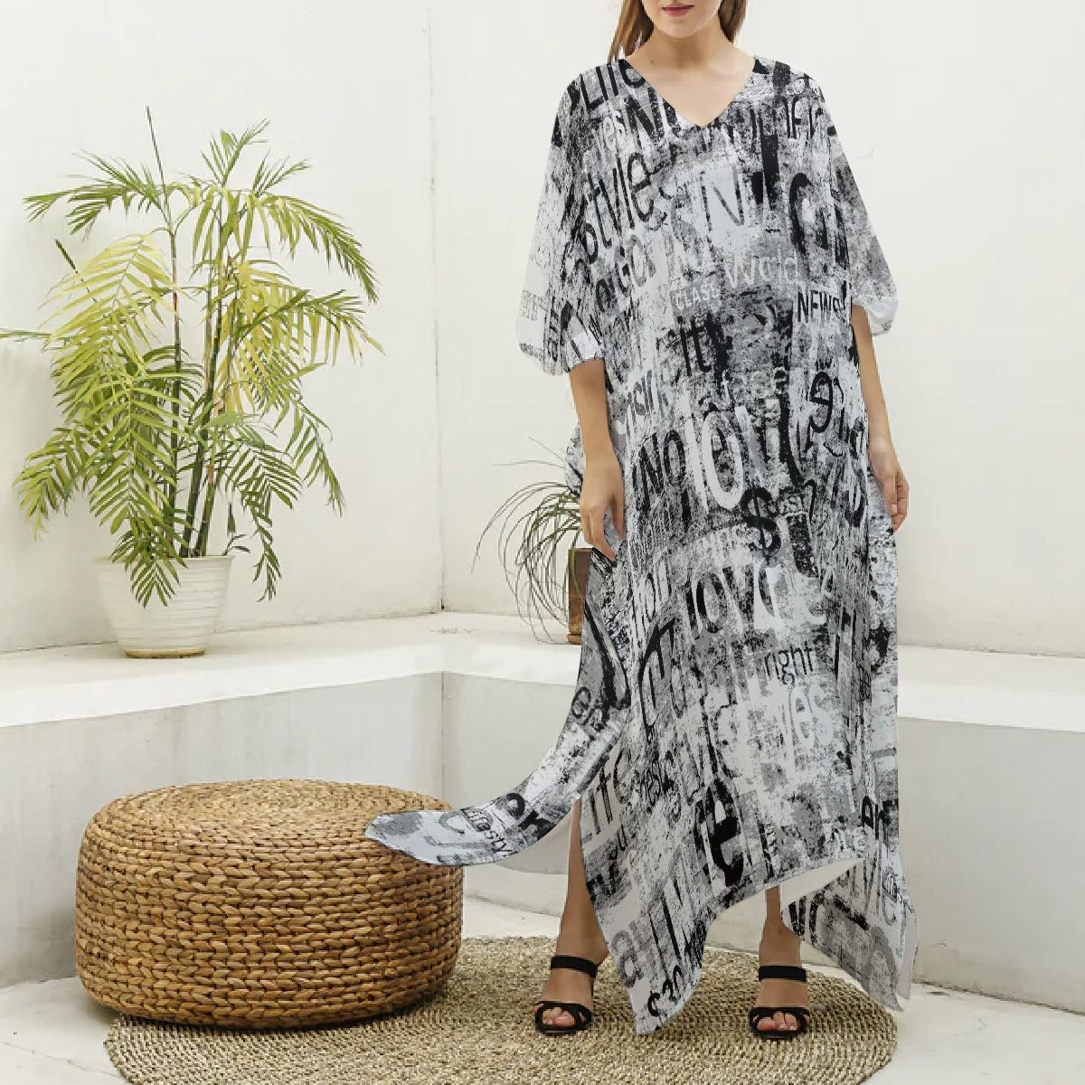All-Over Print Women's Imitation Silk V-neck Kaftan Robe