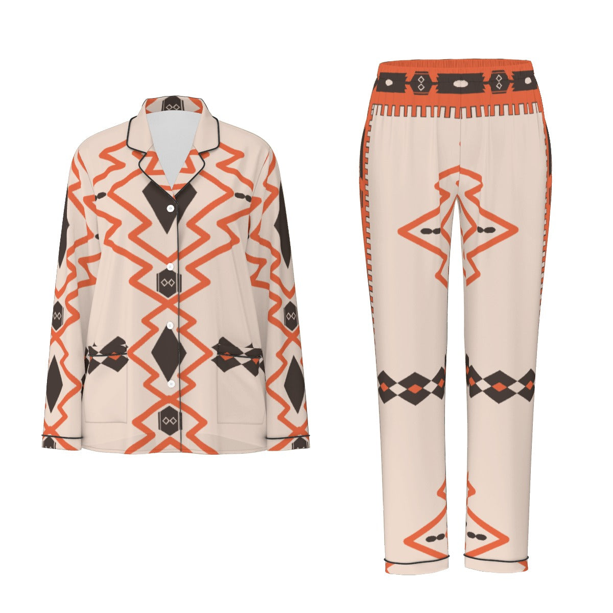 All-Over Print Women's Long Sleeve Pajama Set With Black Contrast Piping