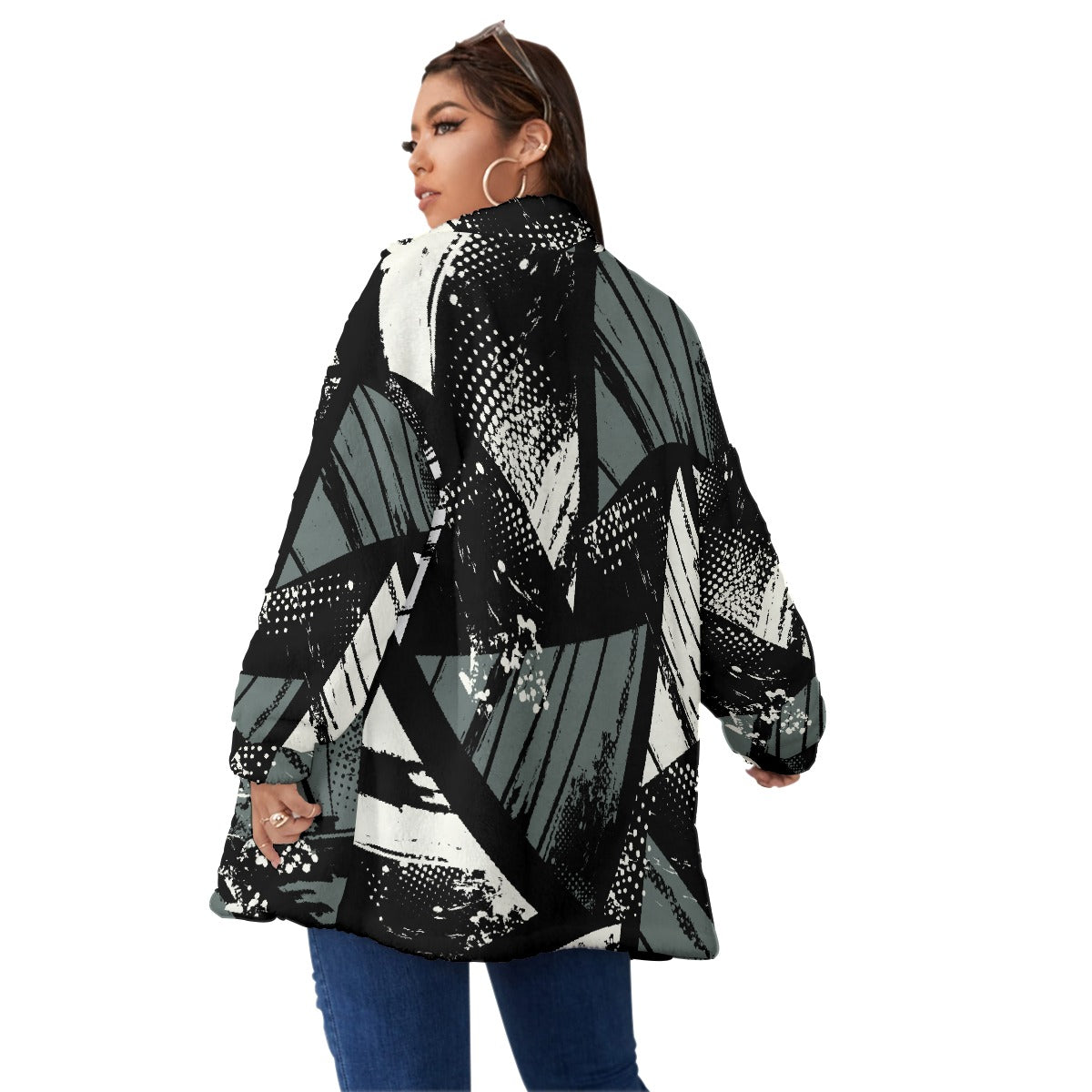 All-Over Print Unisex Borg Fleece Stand-up Collar Coat With Zipper Closure(Plus Size)
