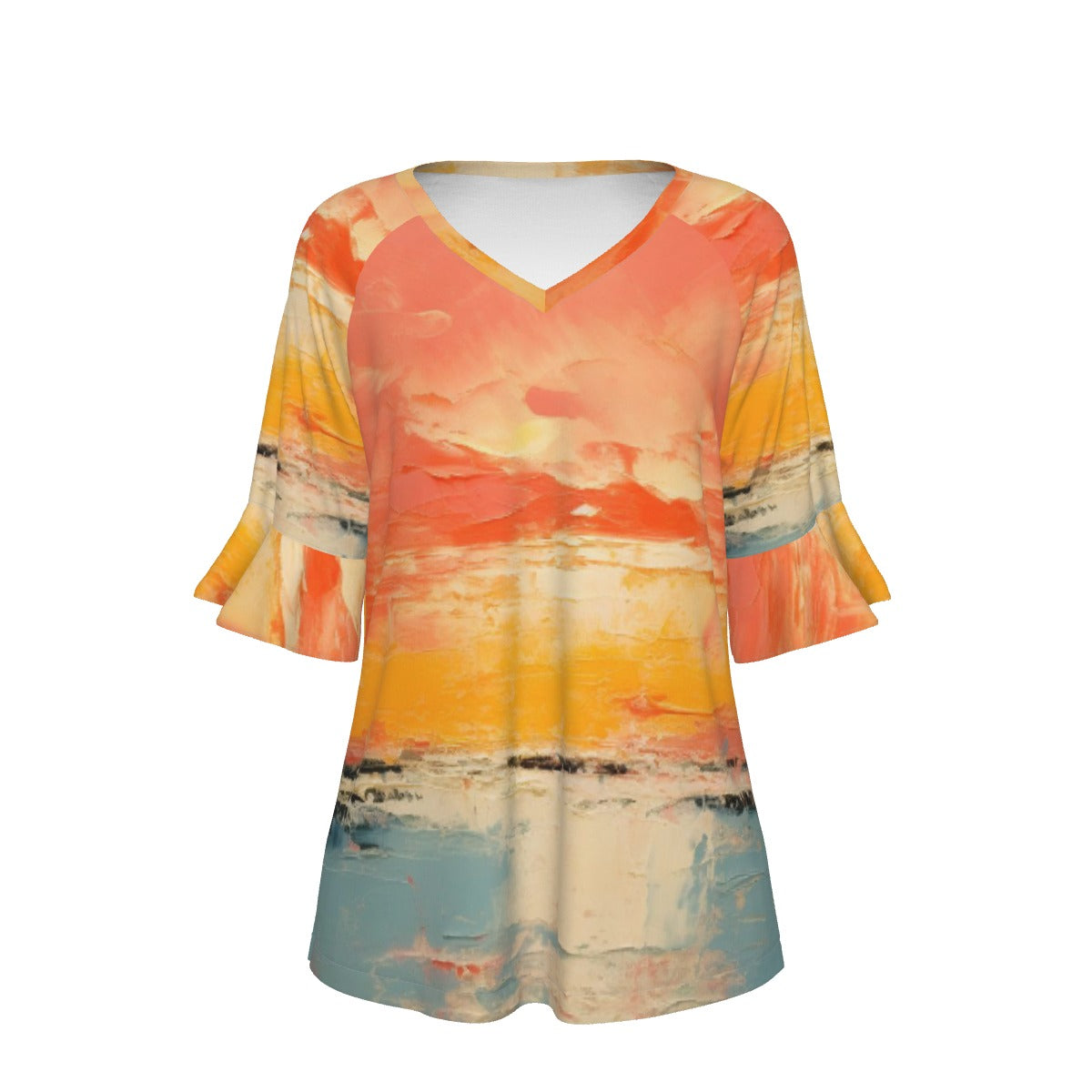 All-Over Print V-neck Women's T-shirt With Bell Sleeve