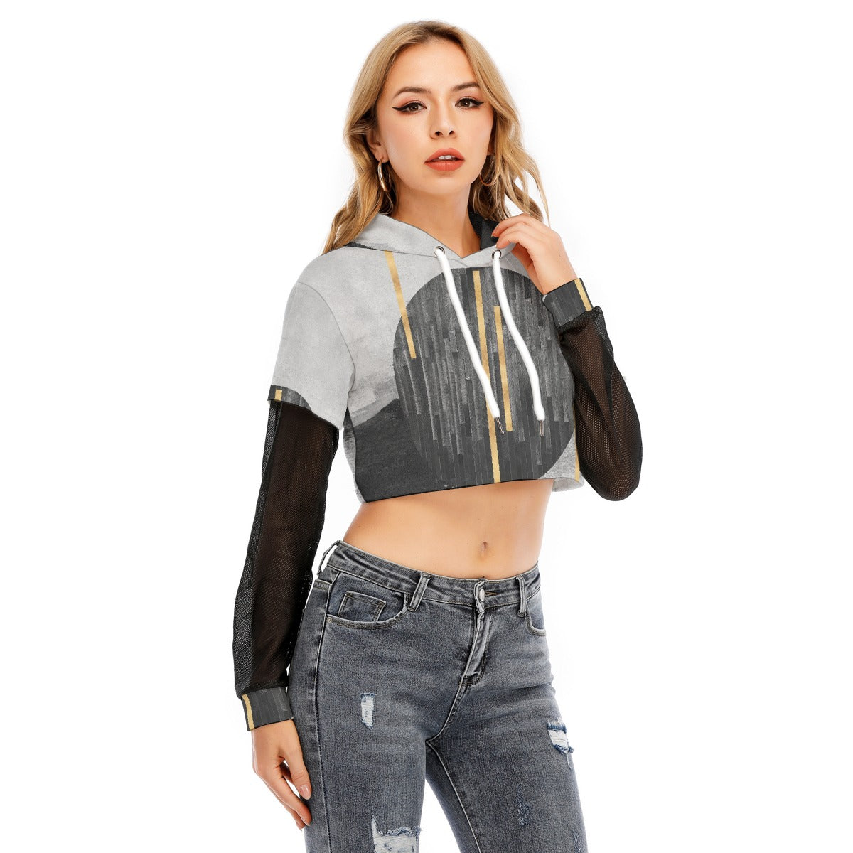 All-Over Print Women's Fake Two-piece Mesh Sleeve Cropped Hoodie