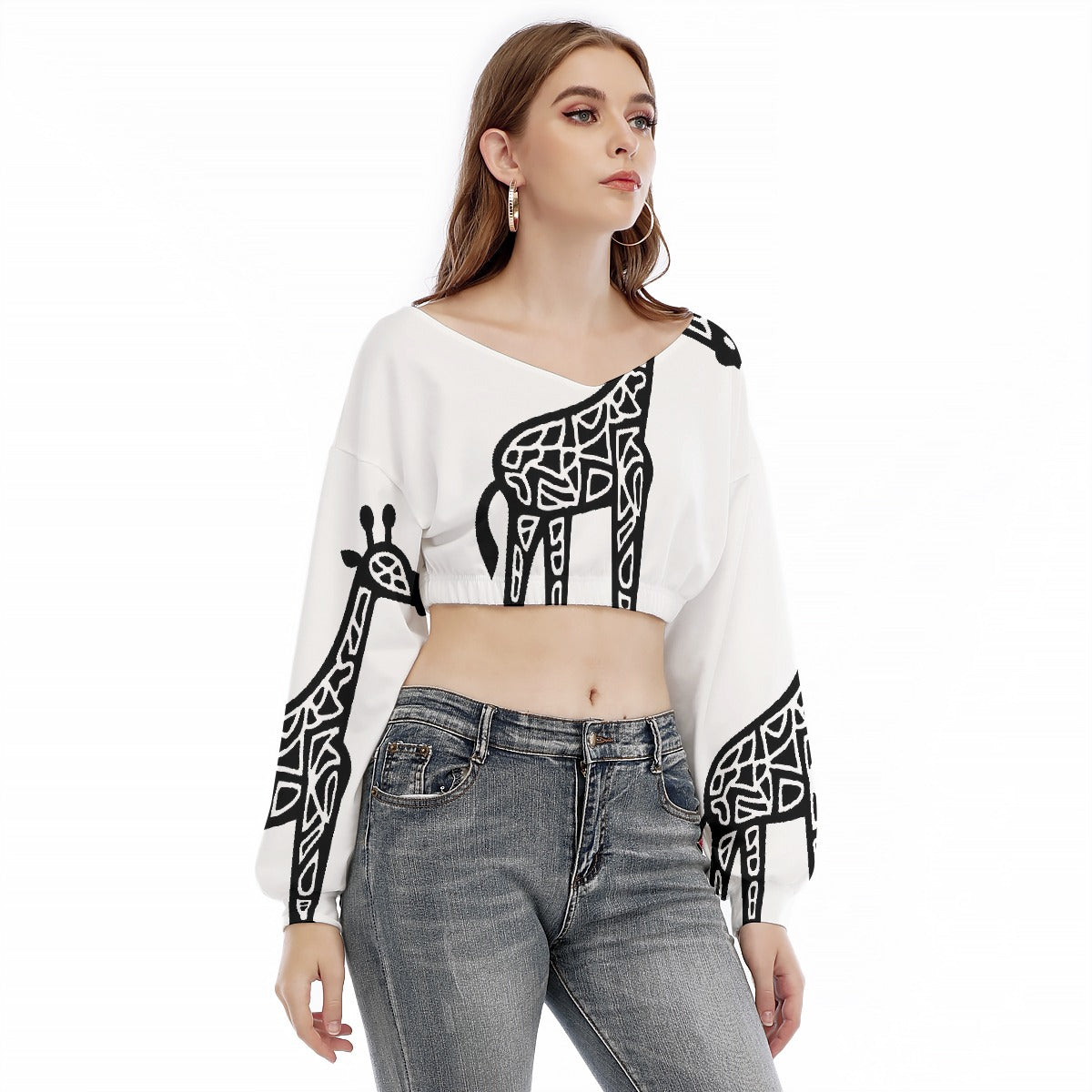 All-Over Print Women's V-neck Long Sleeve Cropped Sweatshirt
