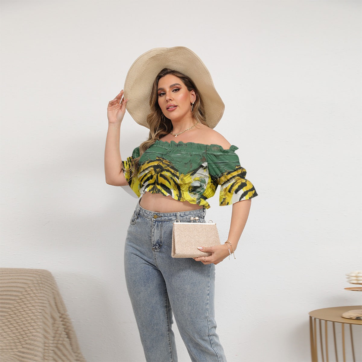 All-Over Print Women's Off-shoulder Cropped Top With Short Puff Sleeve