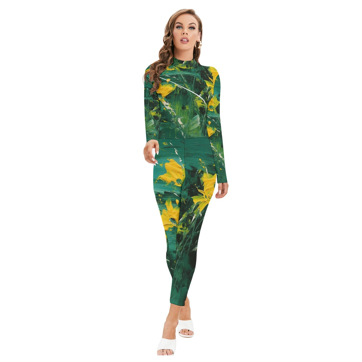 All-Over Print Women's Long-sleeved High-neck Jumpsuit With Zipper