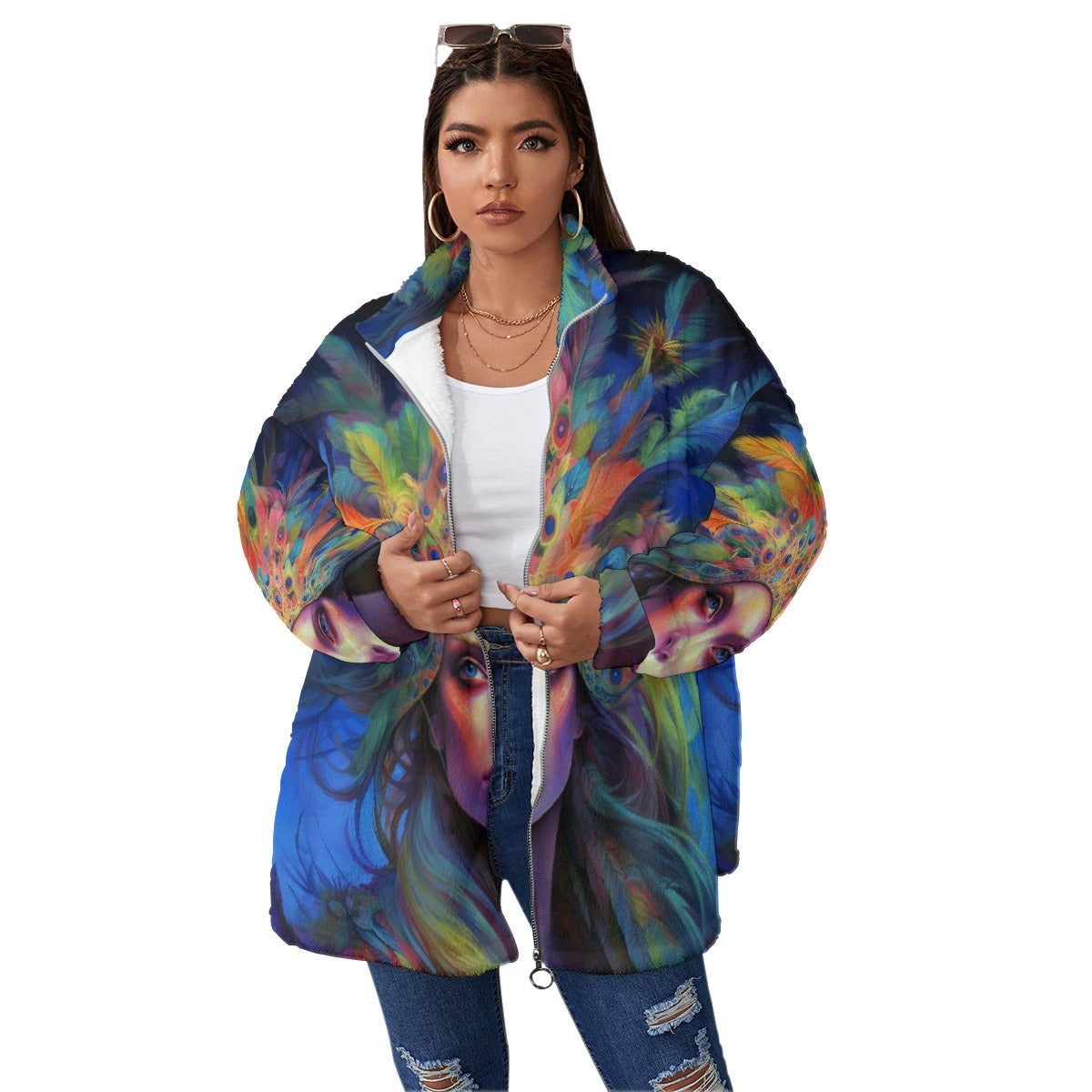 All-Over Print Unisex Borg Fleece Stand-up Collar Coat With Zipper Closure(Plus Size)