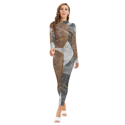All-Over Print Women's Long-sleeved High-neck Jumpsuit With Zipper