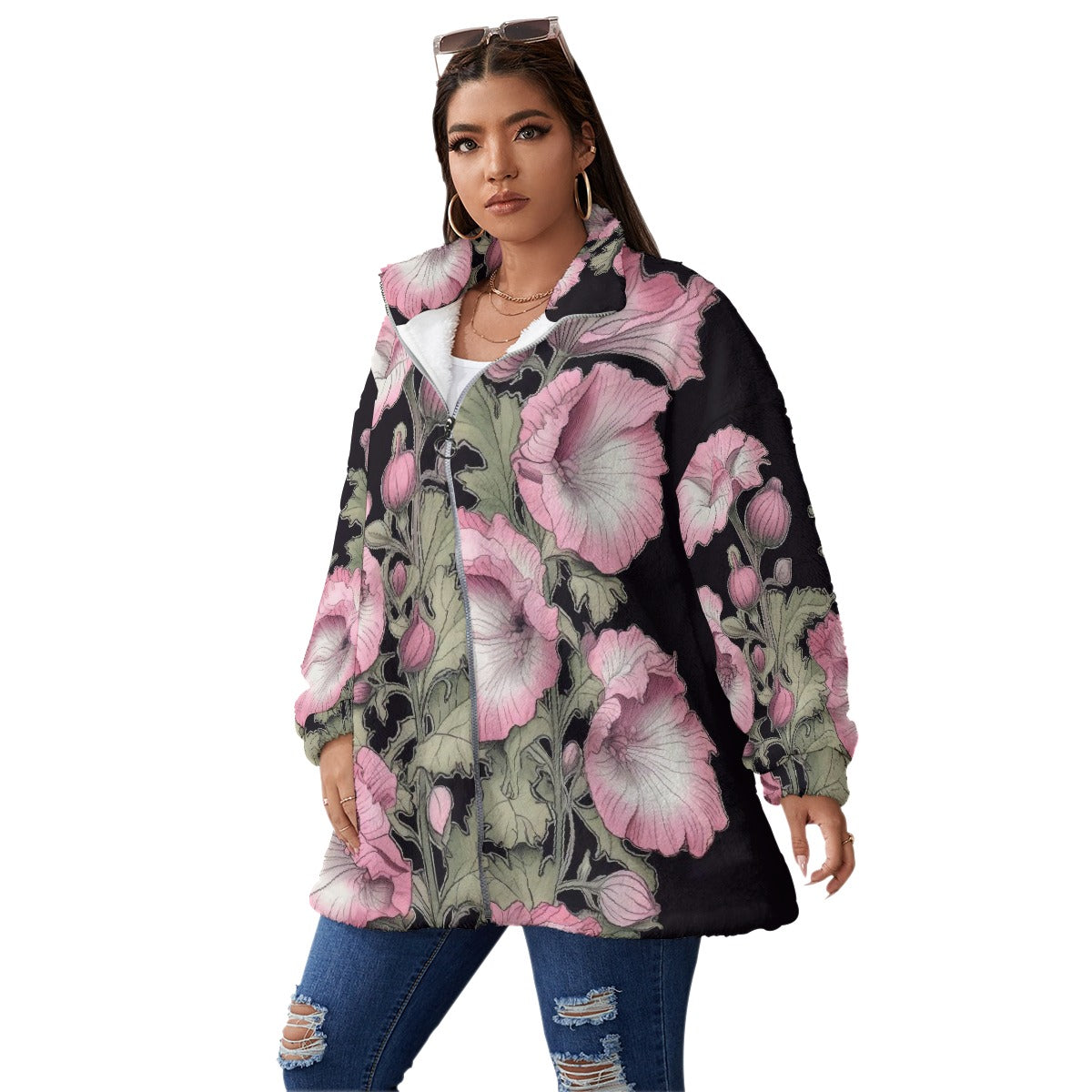All-Over Print Unisex Borg Fleece Stand-up Collar Coat With Zipper Closure(Plus Size)