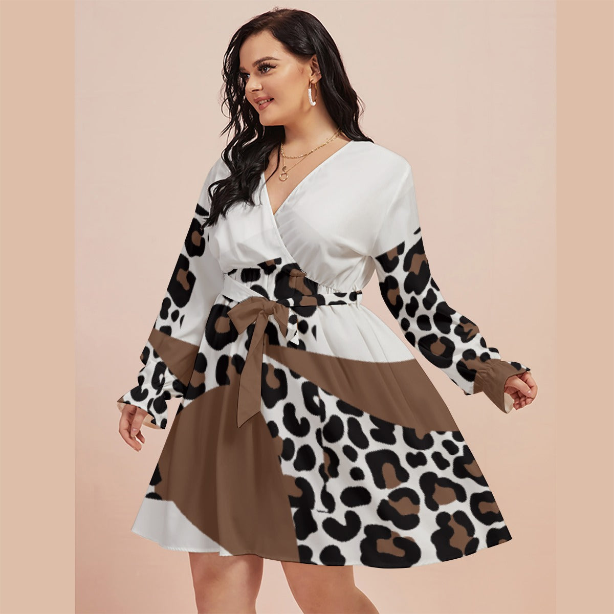 All-Over Print Women's V-neck Dress With Waistband(Plus Size)
