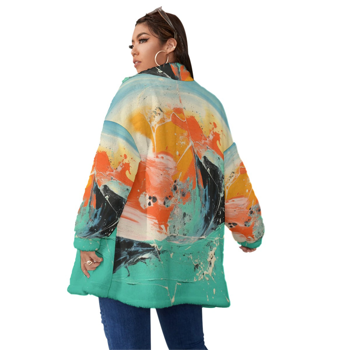 All-Over Print Unisex Borg Fleece Stand-up Collar Coat With Zipper Closure(Plus Size)