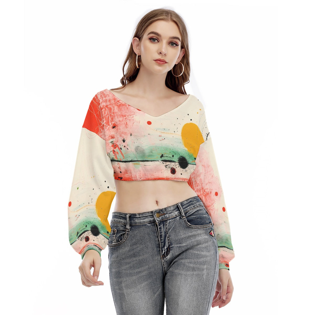 All-Over Print Women's V-neck Long Sleeve Cropped Sweatshirt