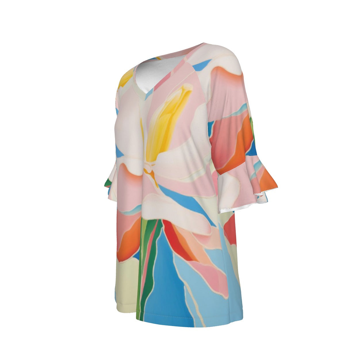 All-Over Print V-neck Women's T-shirt With Bell Sleeve