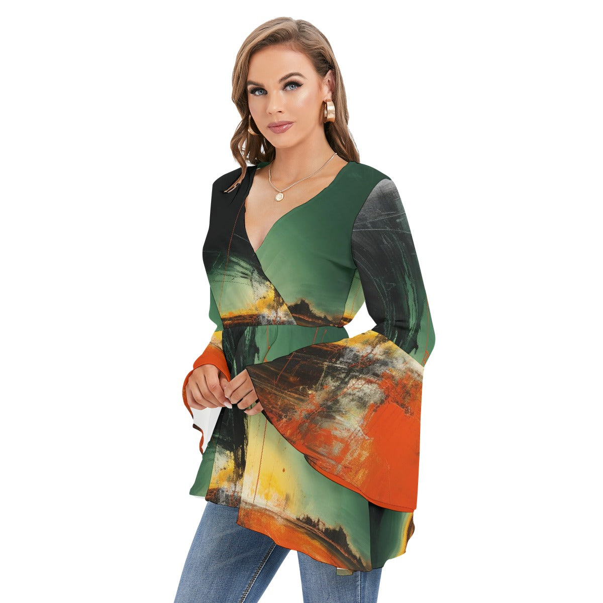 All-Over Print Women's V-neck Blouse With Flared Sleeves