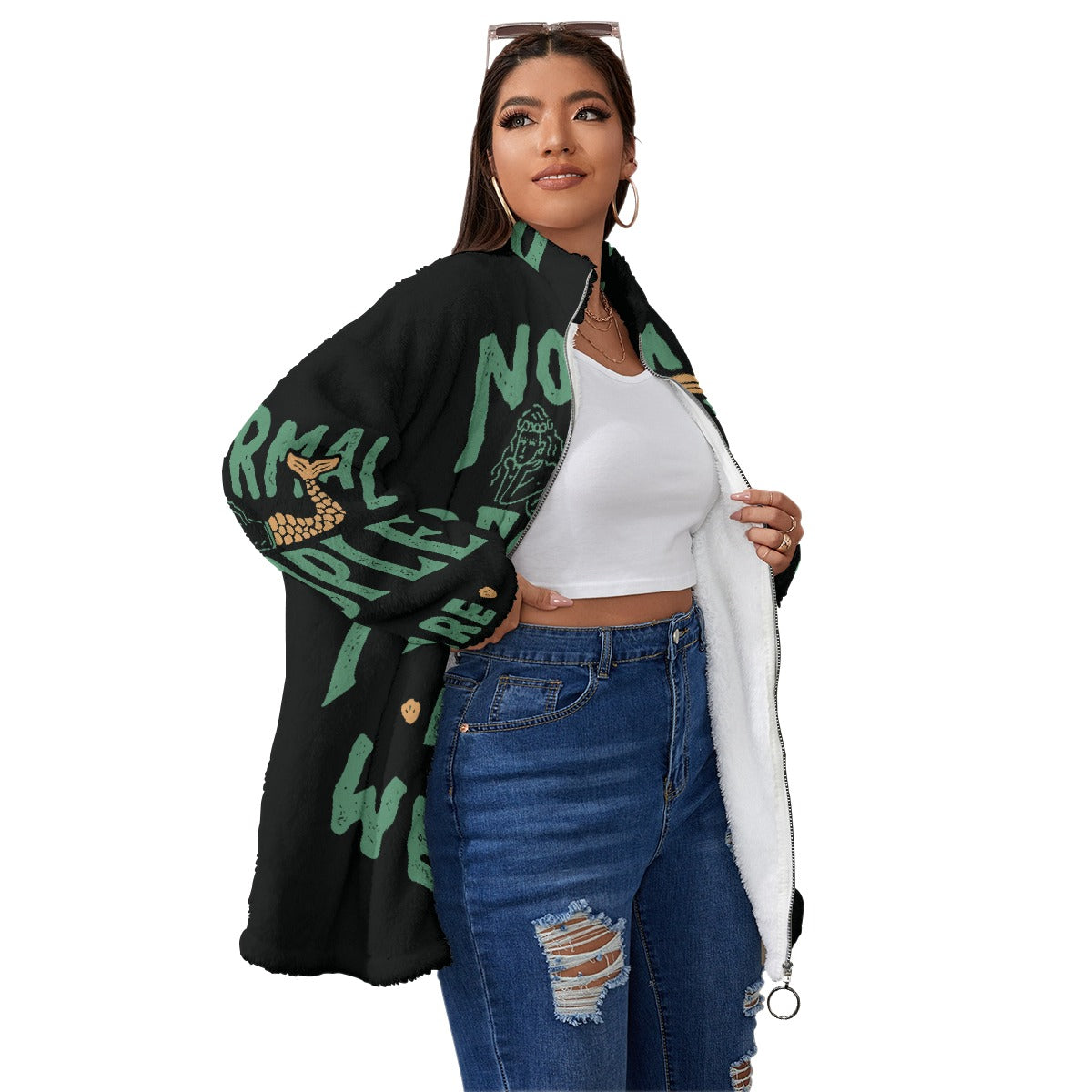 All-Over Print Unisex Borg Fleece Stand-up Collar Coat With Zipper Closure(Plus Size)