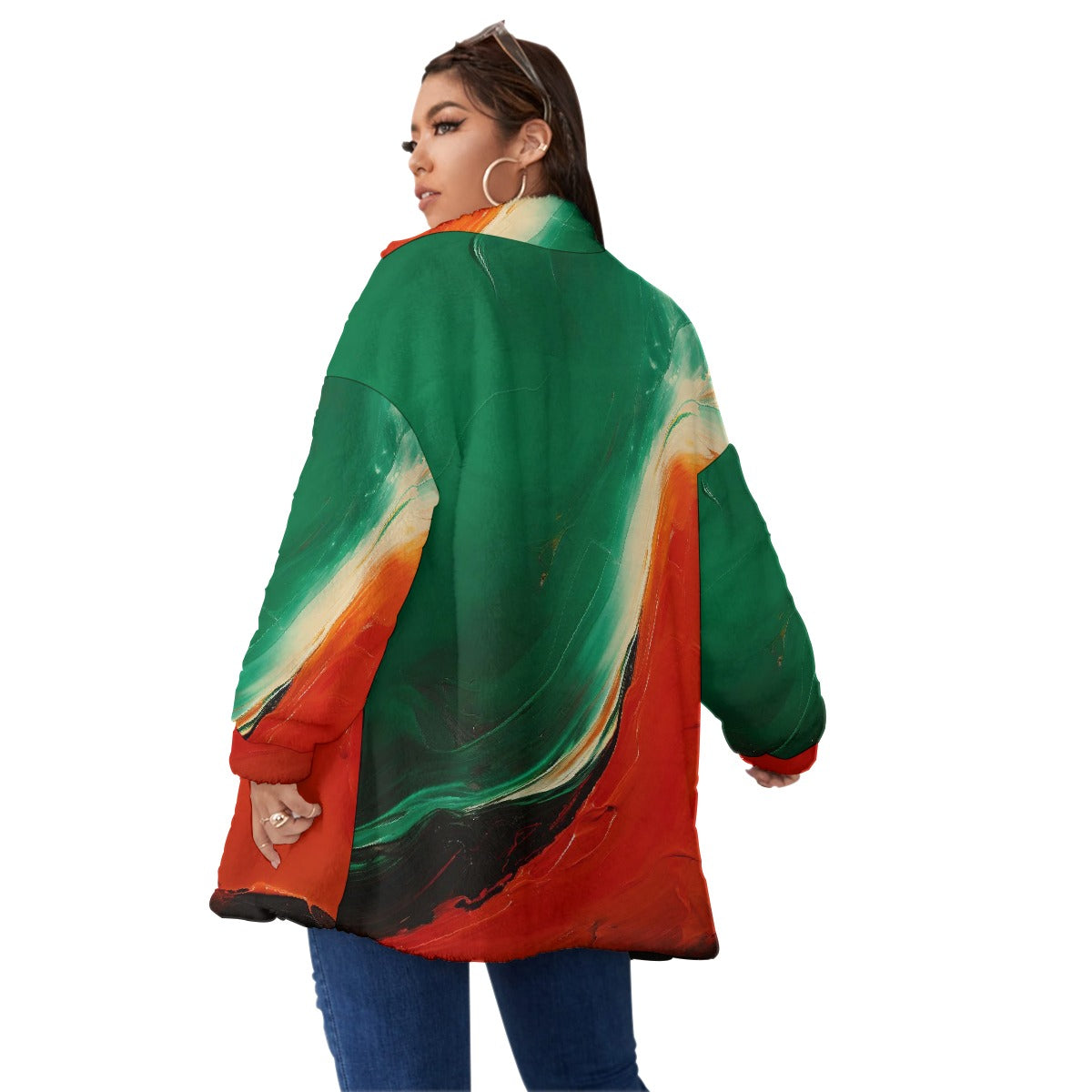 All-Over Print Unisex Borg Fleece Stand-up Collar Coat With Zipper Closure(Plus Size)