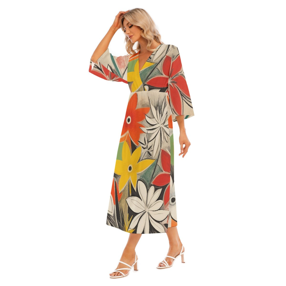All-Over Print Women's Mid-Sleeve Long Dress