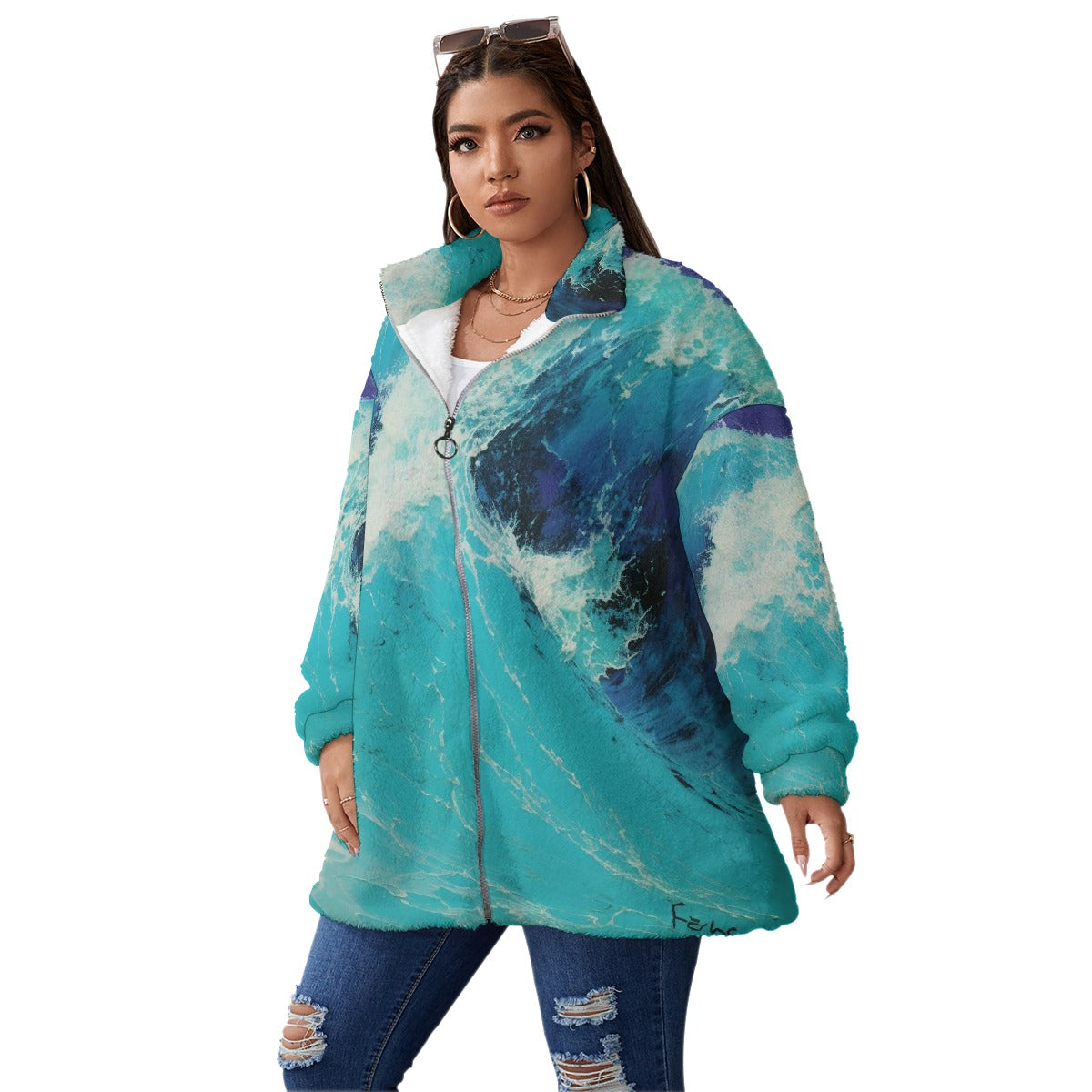 All-Over Print Unisex Borg Fleece Stand-up Collar Coat With Zipper Closure(Plus Size)