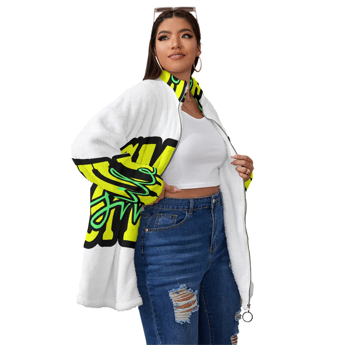 All-Over Print Unisex Borg Fleece Stand-up Collar Coat With Zipper Closure(Plus Size)