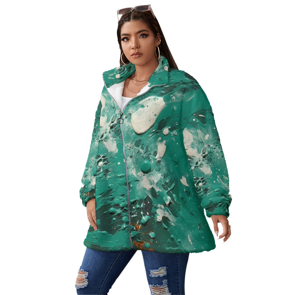 All-Over Print Unisex Borg Fleece Stand-up Collar Coat With Zipper Closure(Plus Size)