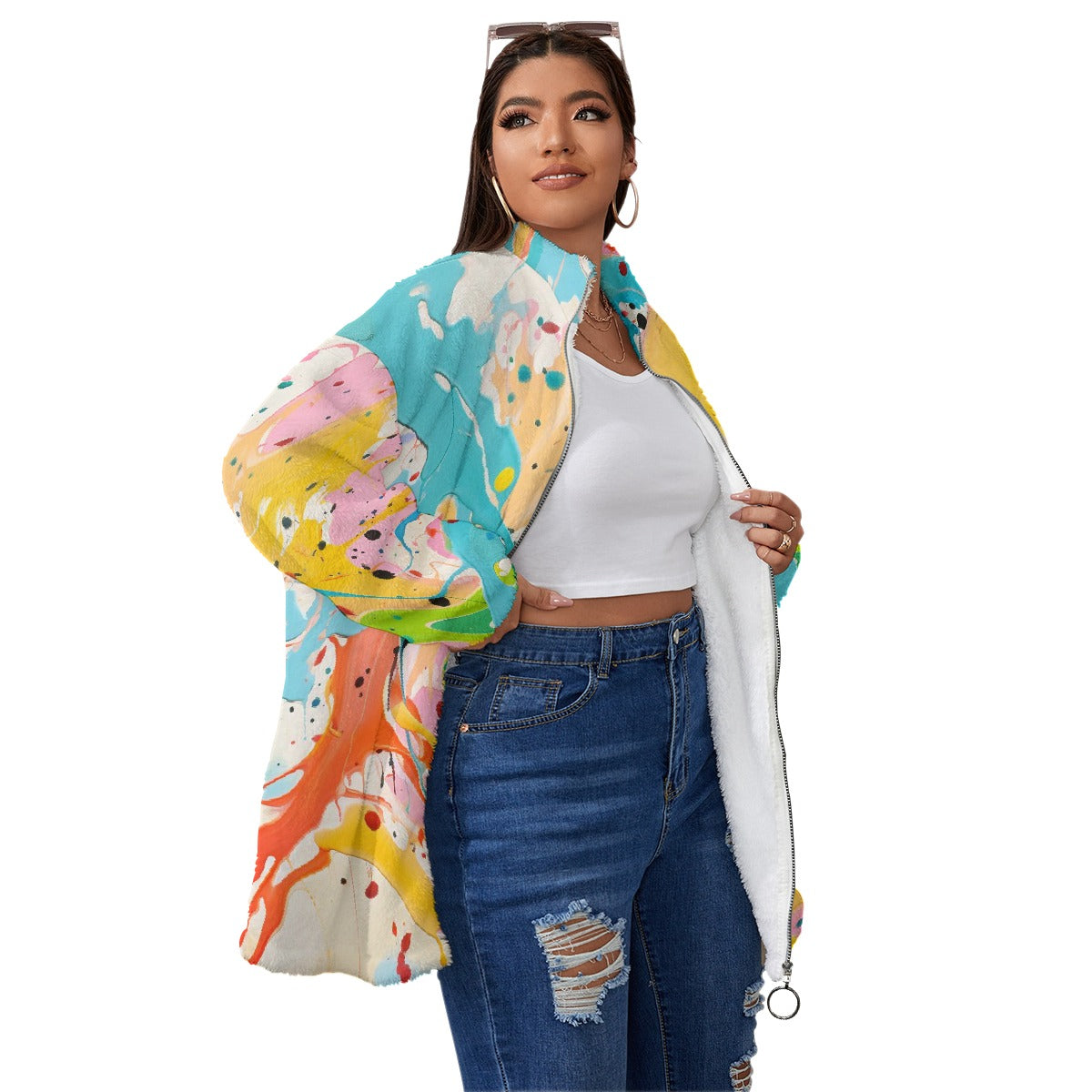 All-Over Print Unisex Borg Fleece Stand-up Collar Coat With Zipper Closure(Plus Size)