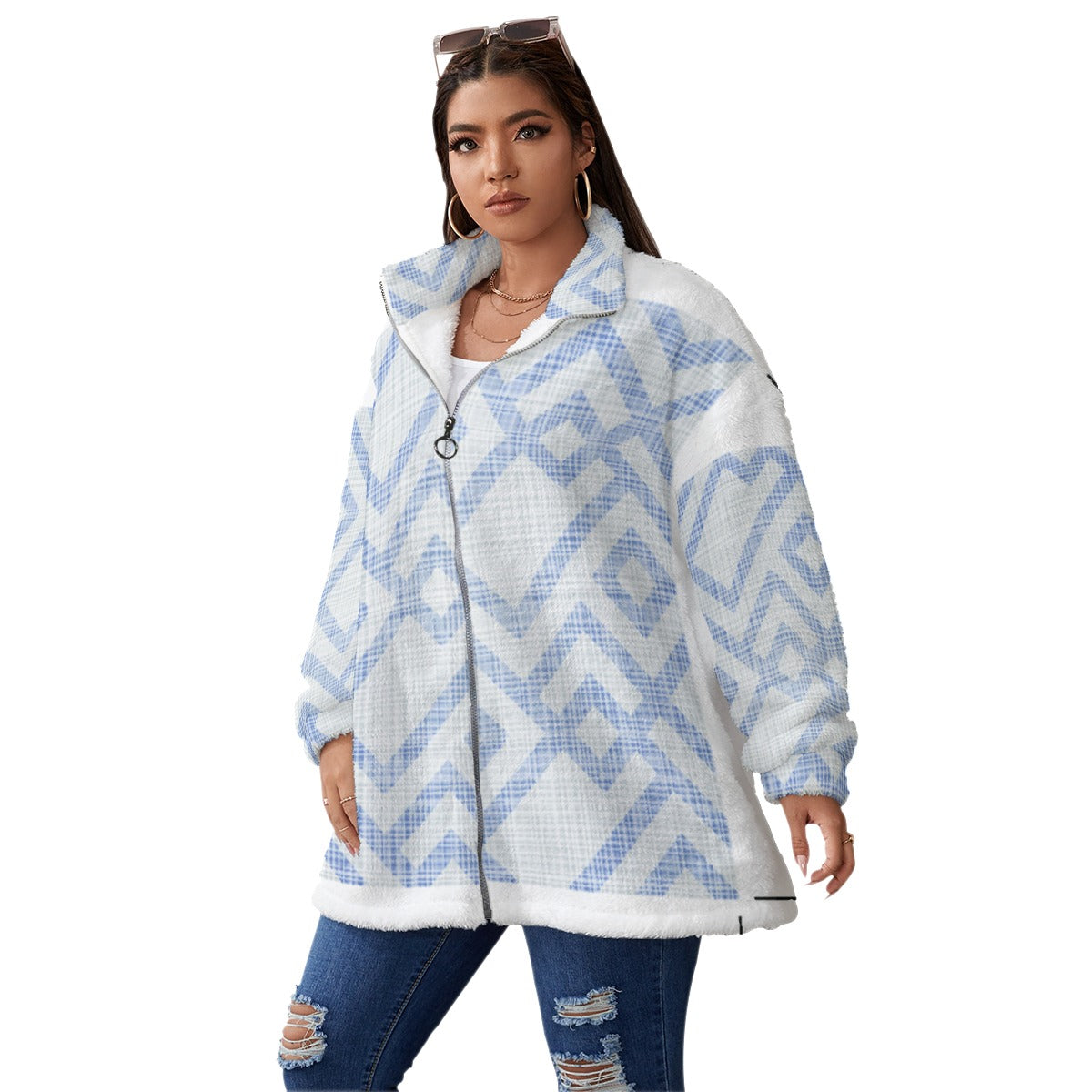 All-Over Print Unisex Borg Fleece Stand-up Collar Coat With Zipper Closure(Plus Size)