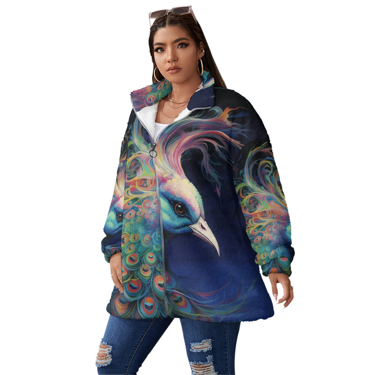All-Over Print Unisex Borg Fleece Stand-up Collar Coat With Zipper Closure(Plus Size)