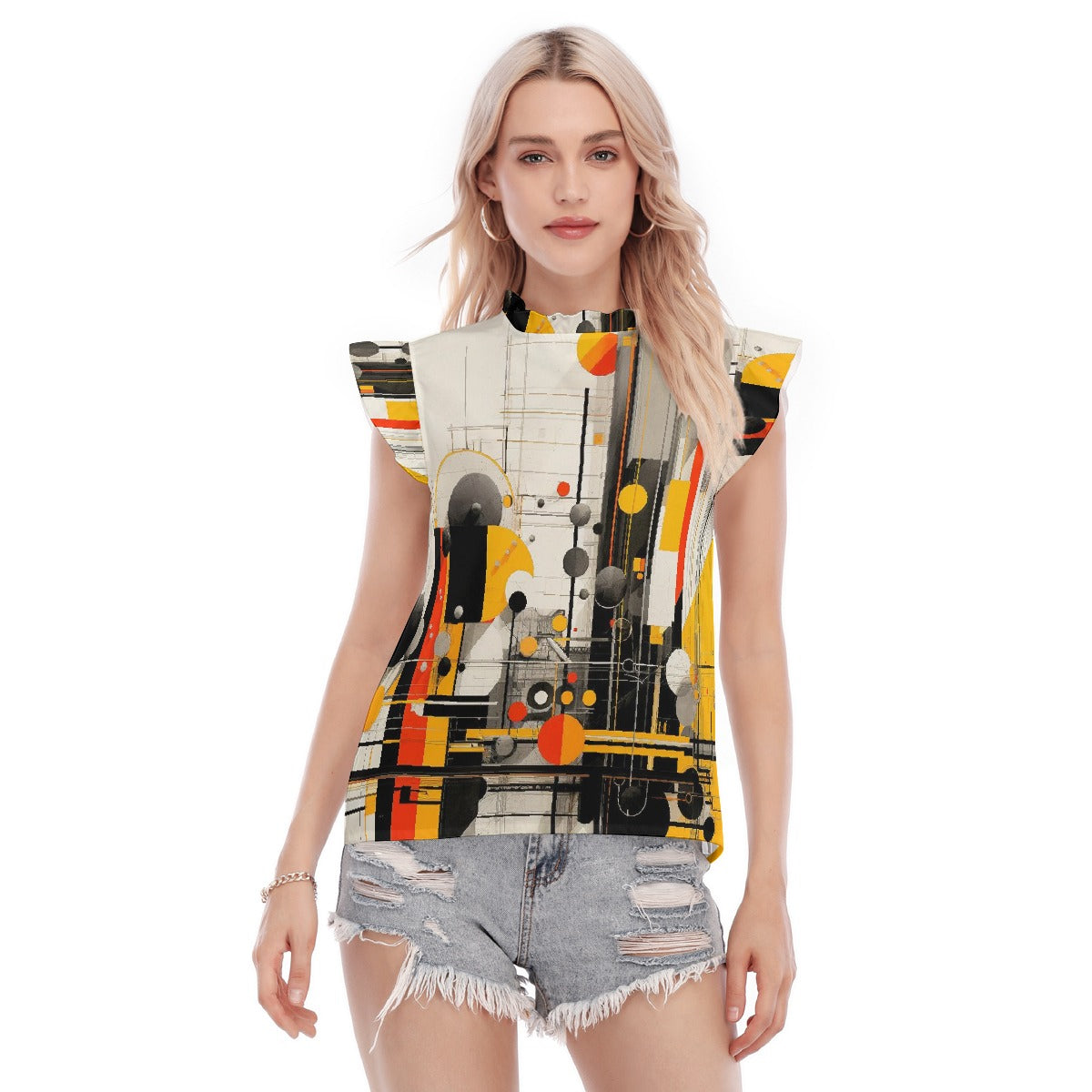 All-Over Print Women's Blouse With Ruffle Collar And Sleeve