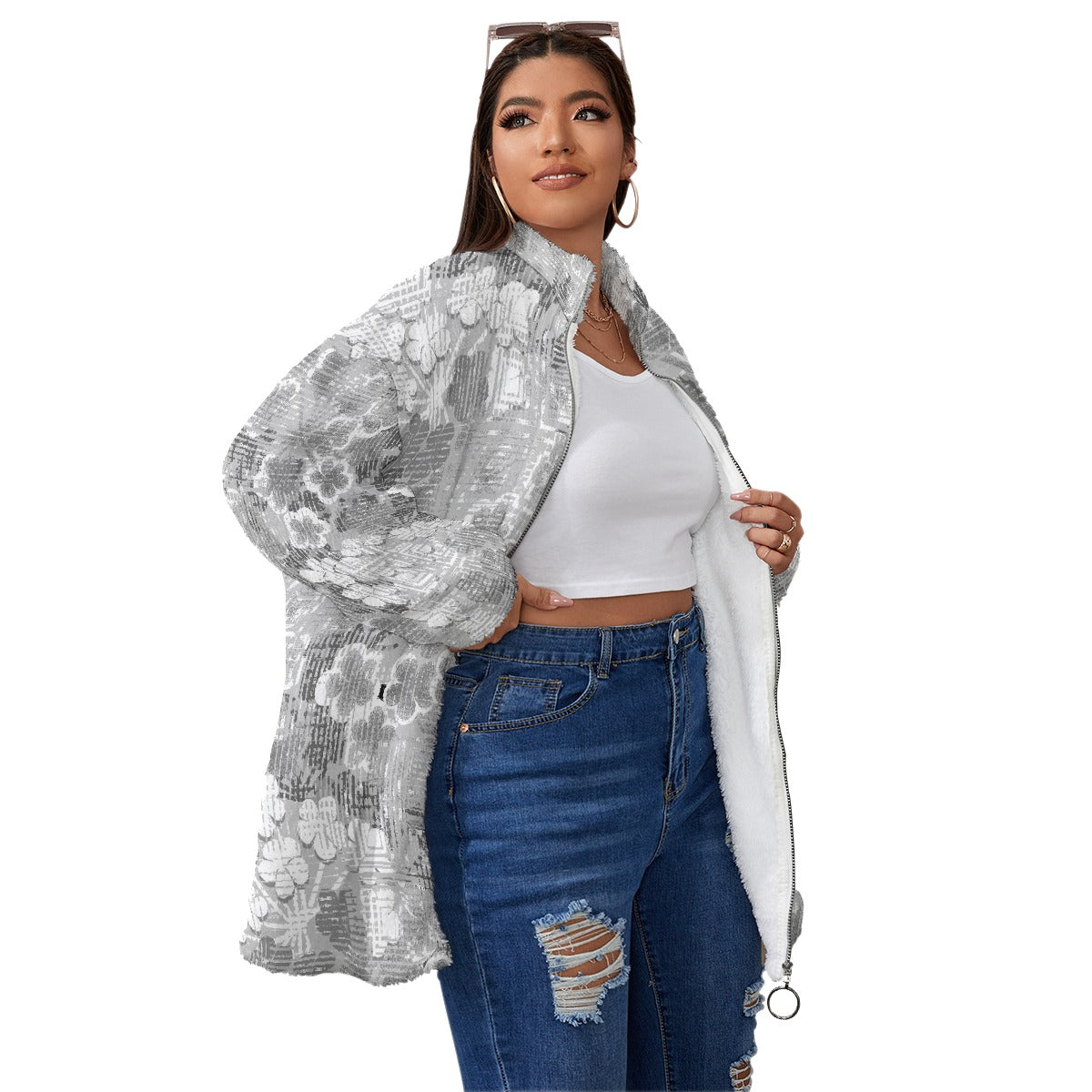 All-Over Print Unisex Borg Fleece Stand-up Collar Coat With Zipper Closure(Plus Size)