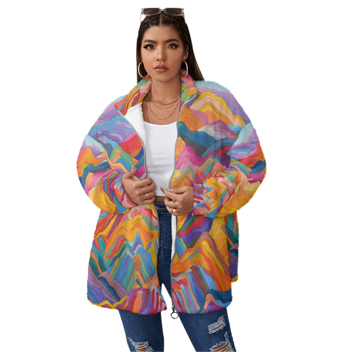 All-Over Print Unisex Borg Fleece Stand-up Collar Coat With Zipper Closure(Plus Size)