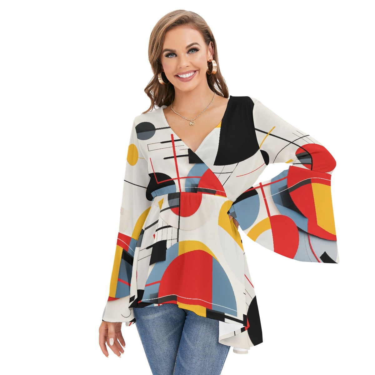 All-Over Print Women's V-neck Blouse With Flared Sleeves