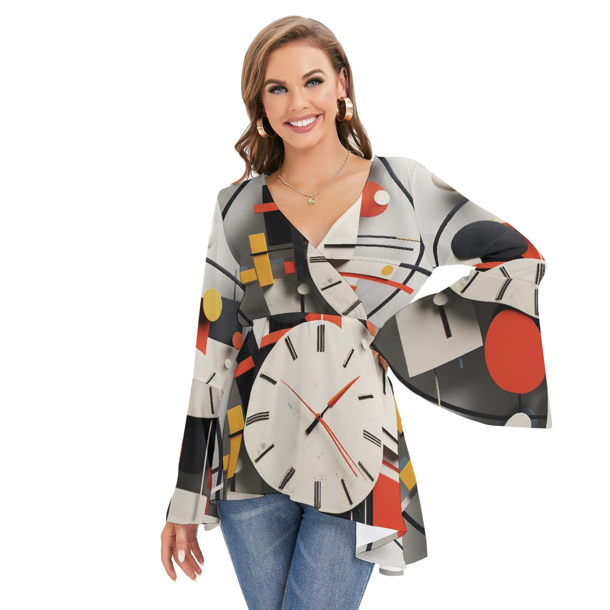 All-Over Print Women's V-neck Blouse With Flared Sleeves