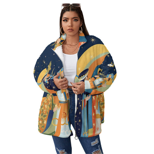 All-Over Print Unisex Borg Fleece Stand-up Collar Coat With Zipper Closure(Plus Size)