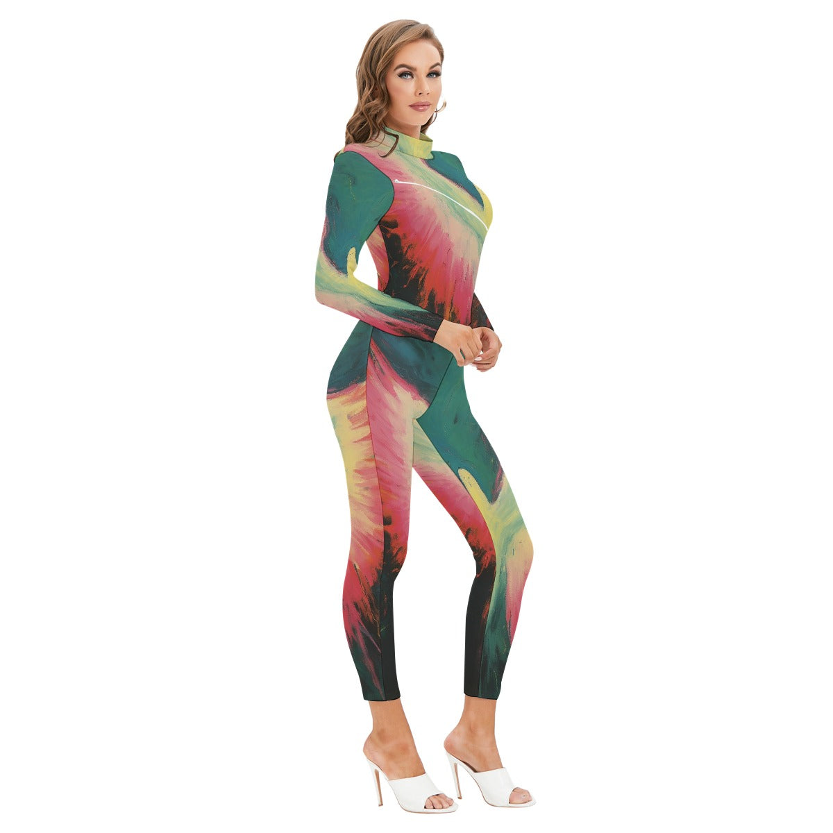All-Over Print Women's Long-sleeved High-neck Jumpsuit With Zipper