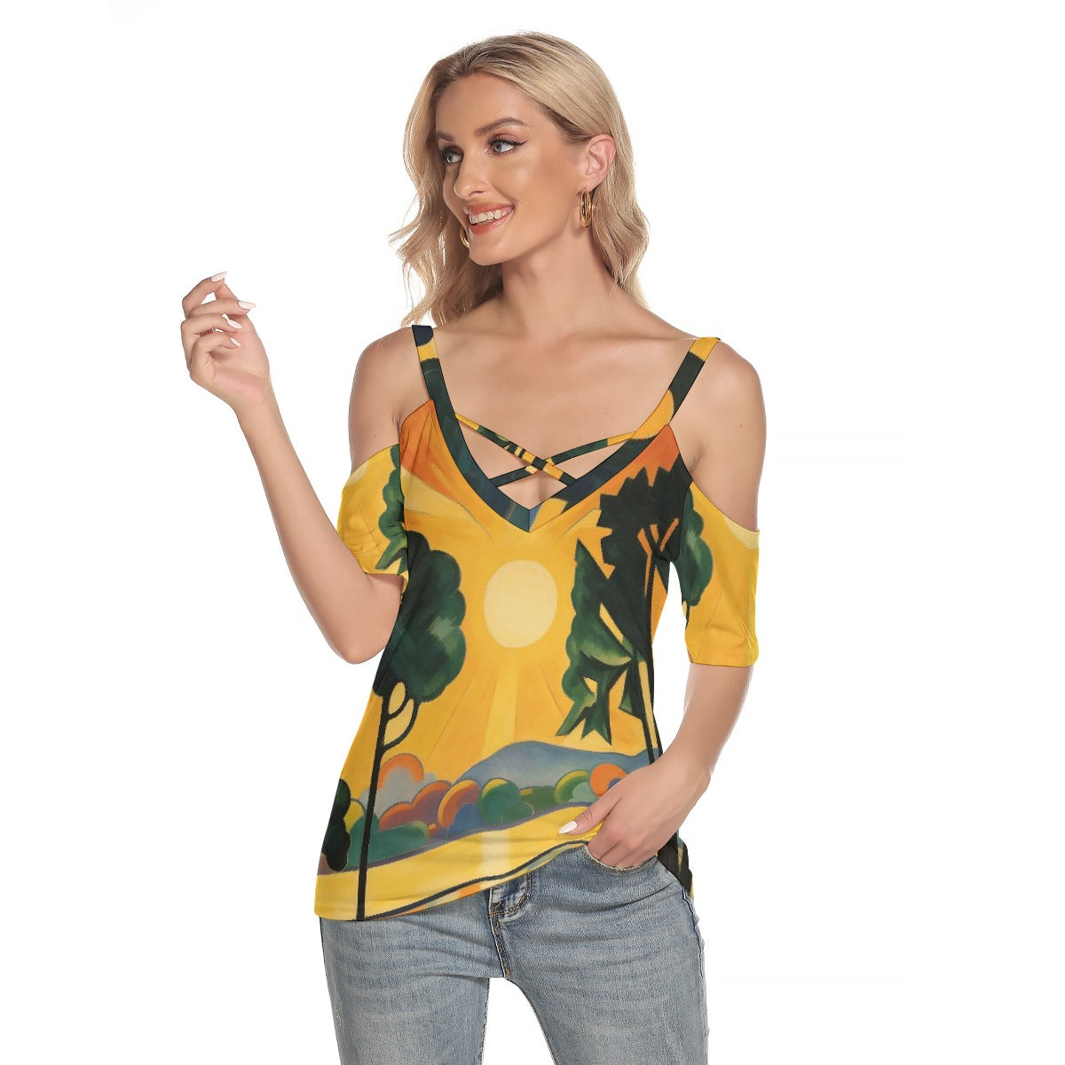 All-Over Print Women's Cold Shoulder T-shirt With Criss Cross Strips