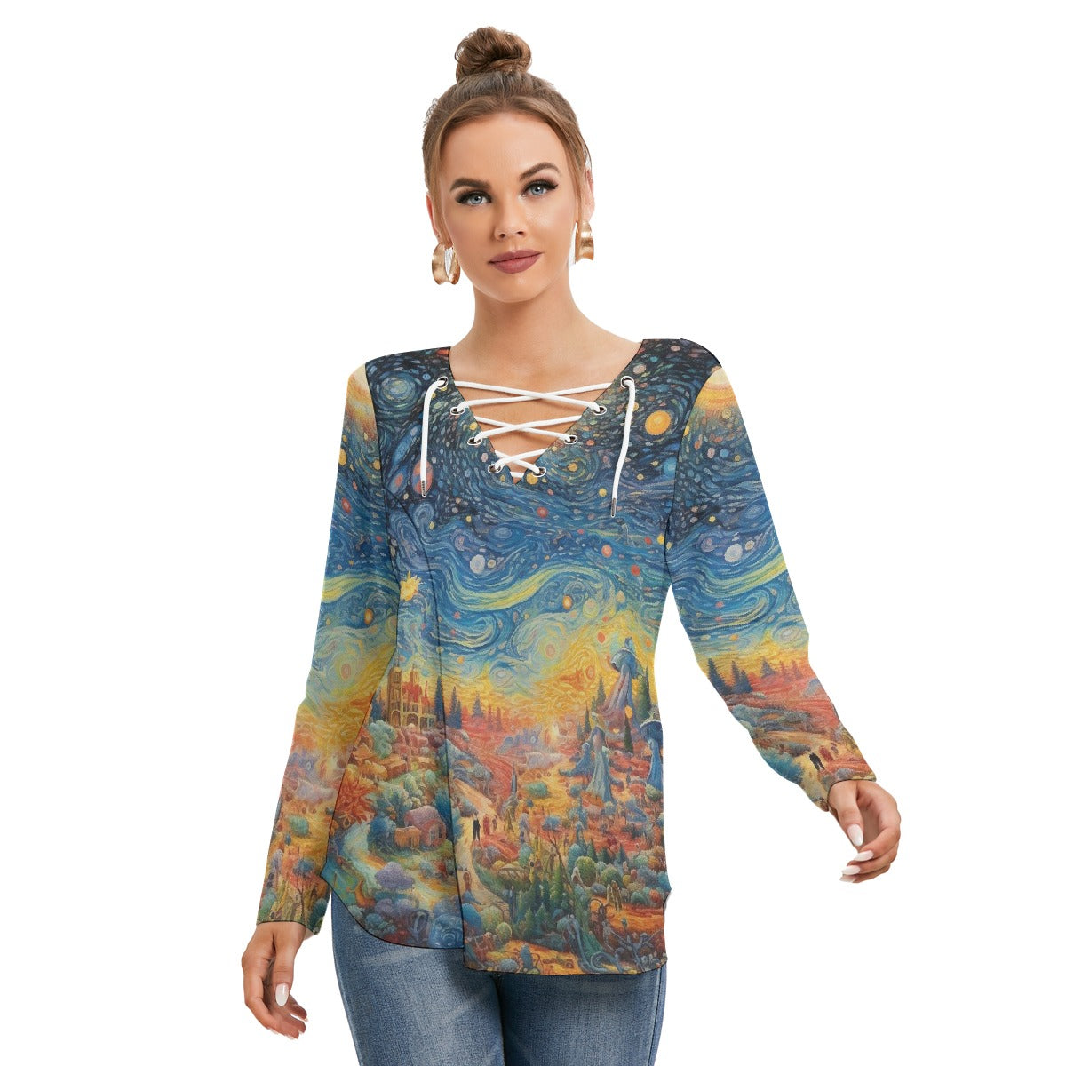 All-Over Print Women's Long Sleeve Neckline Tie Sweatshirt