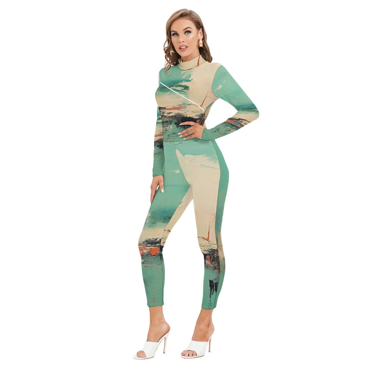 All-Over Print Women's Long-sleeved High-neck Jumpsuit With Zipper
