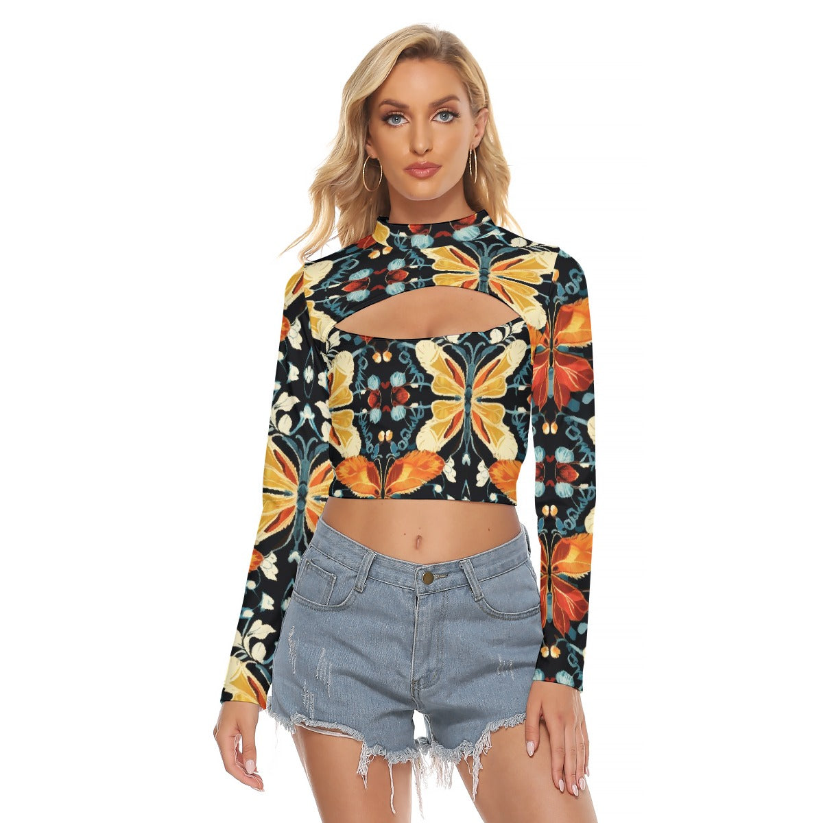 All-Over Print Women's Hollow Chest Keyhole Tight Crop Top