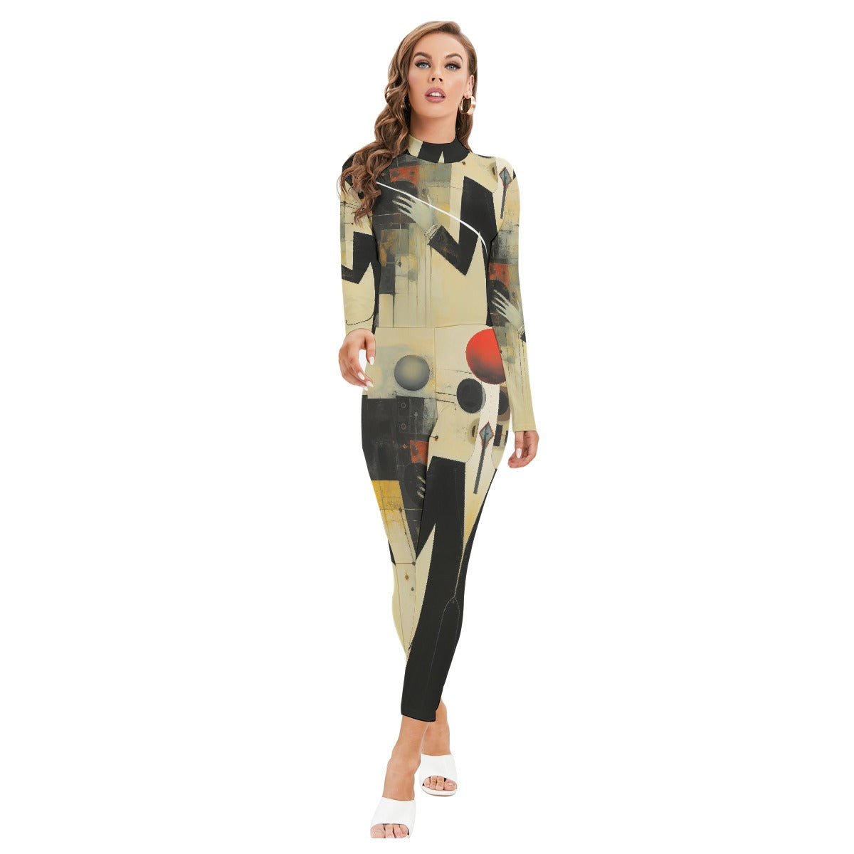 All-Over Print Women's Long-sleeved High-neck Jumpsuit With Zipper