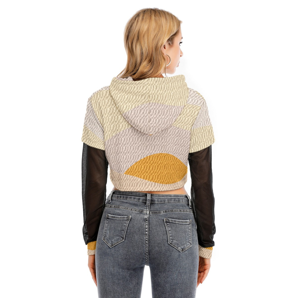 All-Over Print Women's Fake Two-piece Mesh Sleeve Cropped Hoodie