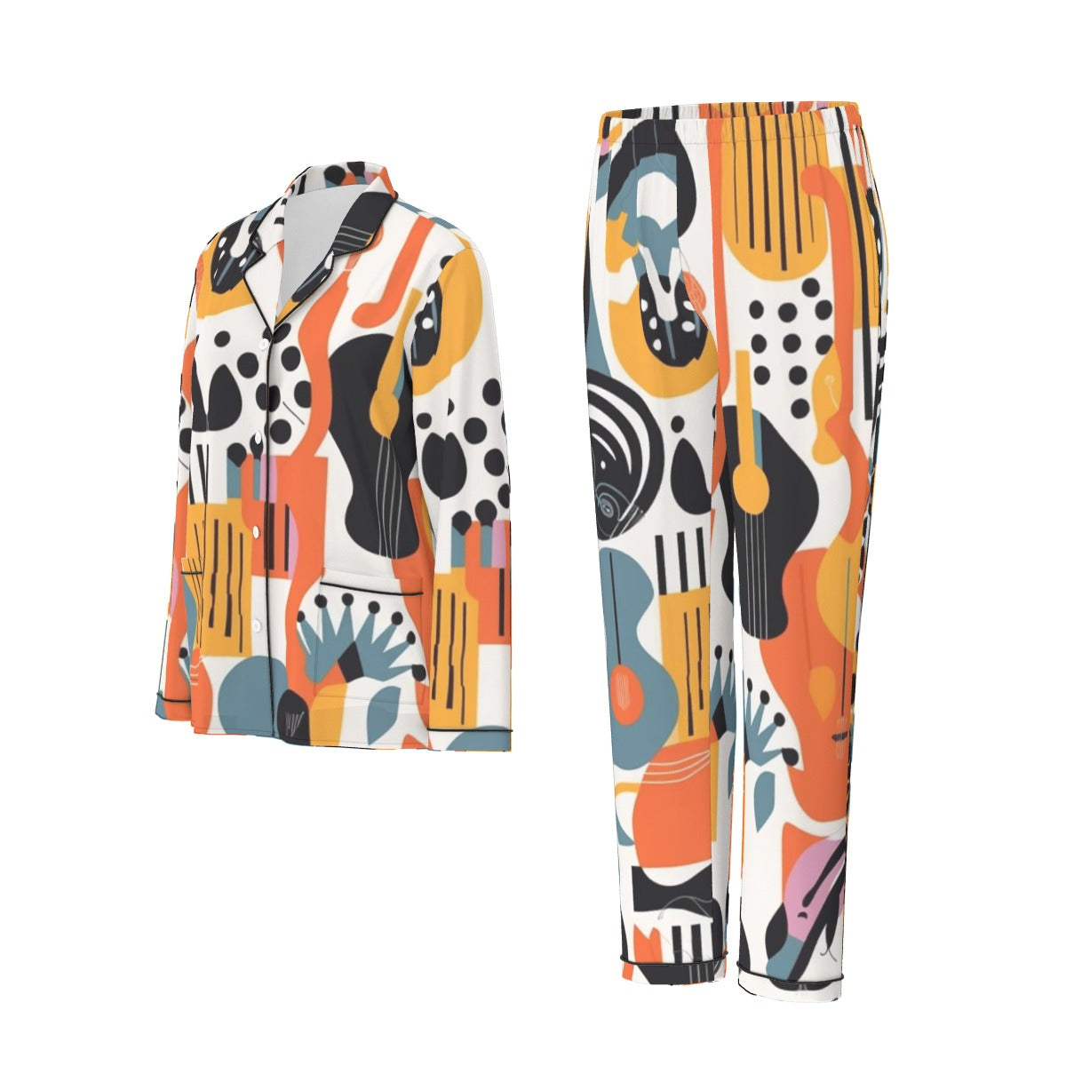 All-Over Print Women's Long Sleeve Pajama Set With Black Contrast Piping