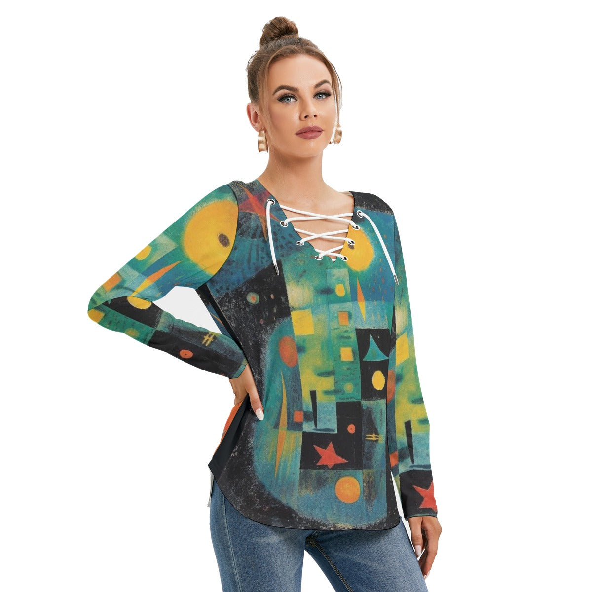 All-Over Print Women's Long Sleeve Neckline Tie Sweatshirt