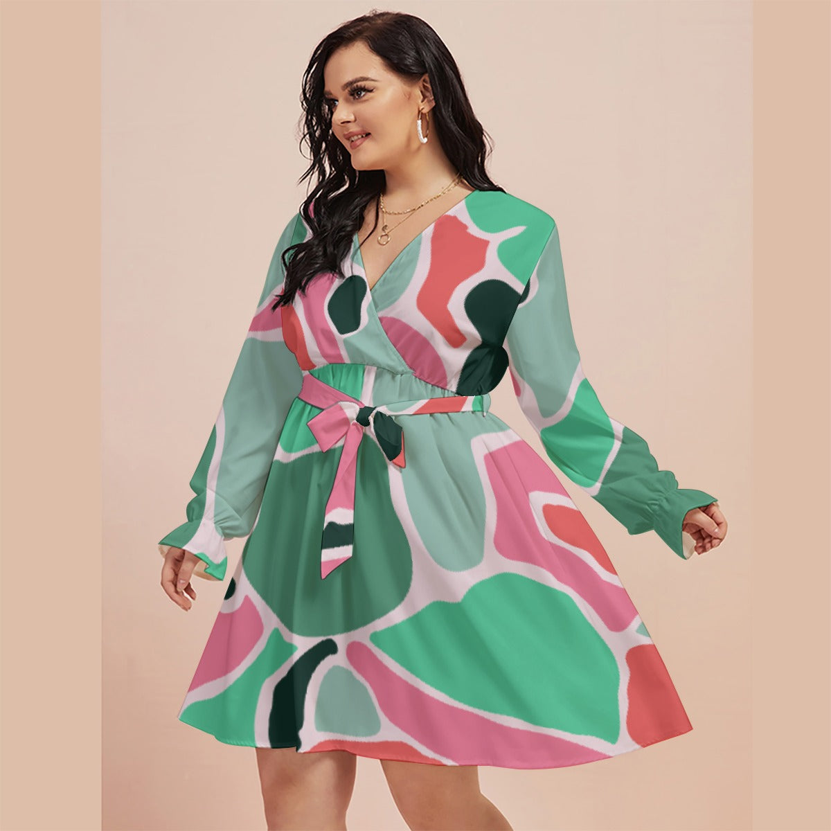 All-Over Print Women's V-neck Dress With Waistband(Plus Size)