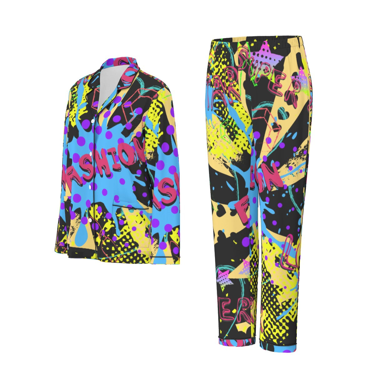 All-Over Print Women's Long Sleeve Pajama Set With Black Contrast Piping