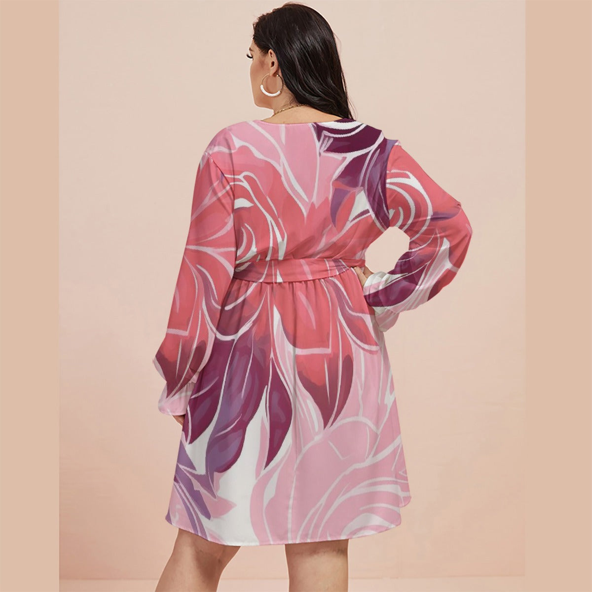 All-Over Print Women's V-neck Dress With Waistband(Plus Size)