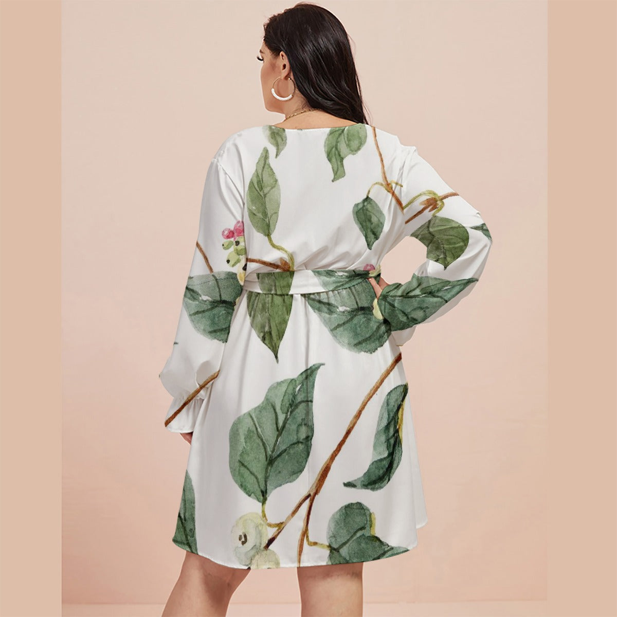 All-Over Print Women's V-neck Dress With Waistband(Plus Size)